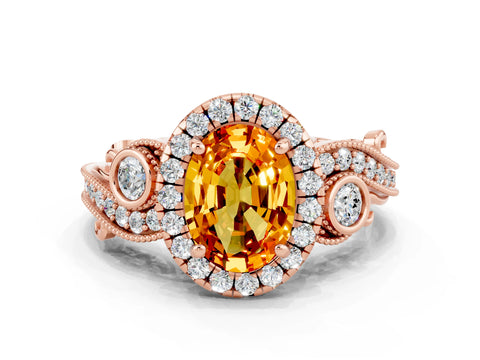 Rose gold Oval Cut Citrine Halo Ring with Milgrain Pavé Band and Four-Prong Setting_12