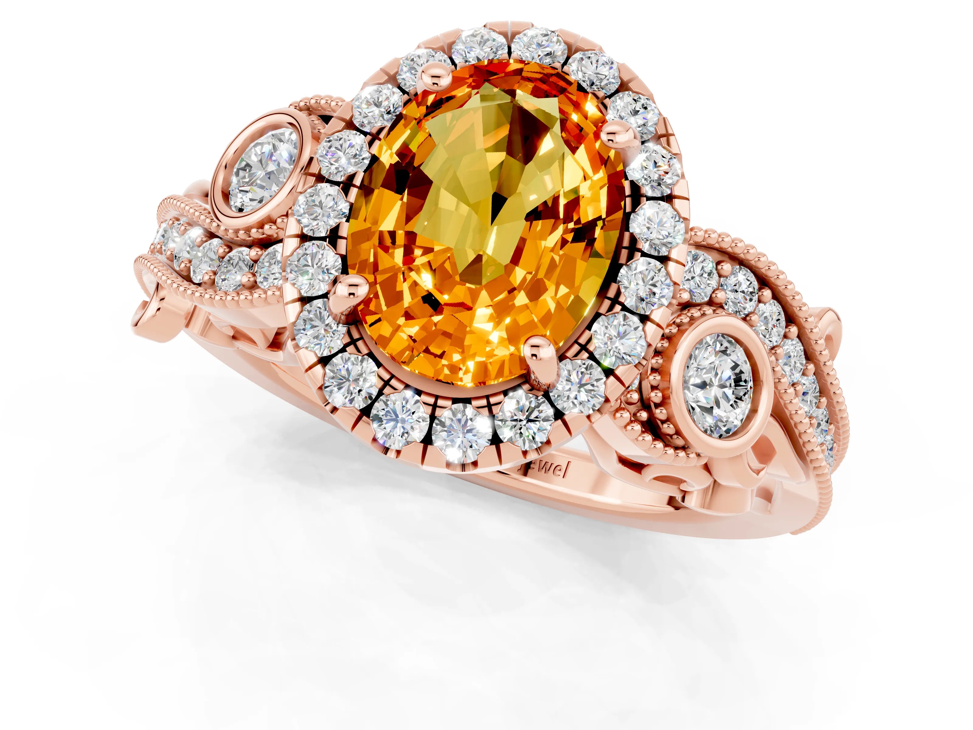 Rose gold Oval Cut Citrine Halo Ring with Milgrain Pavé Band and Four-Prong Setting_13