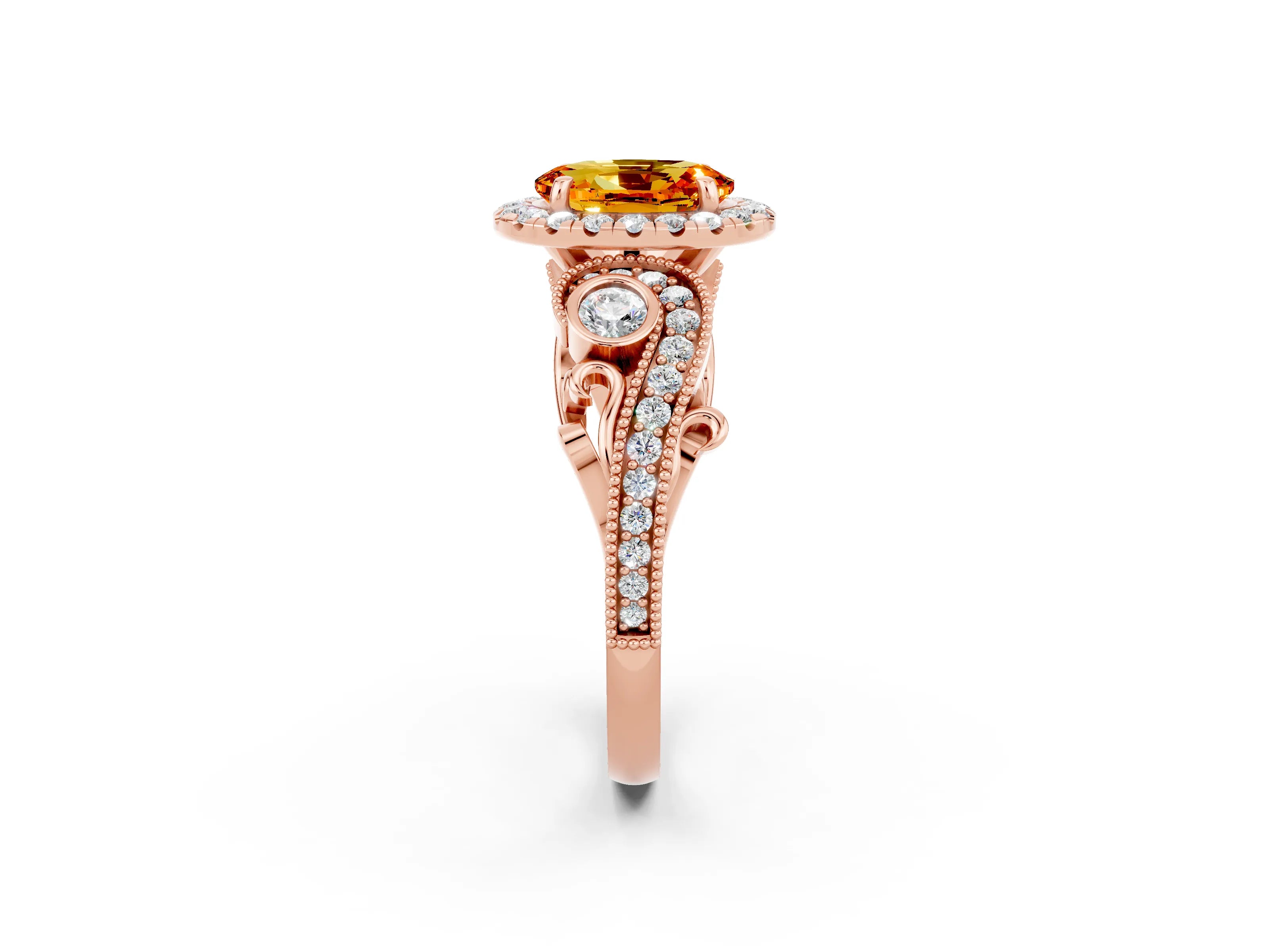 Rose gold Oval Cut Citrine Halo Ring with Milgrain Pavé Band and Four-Prong Setting_14