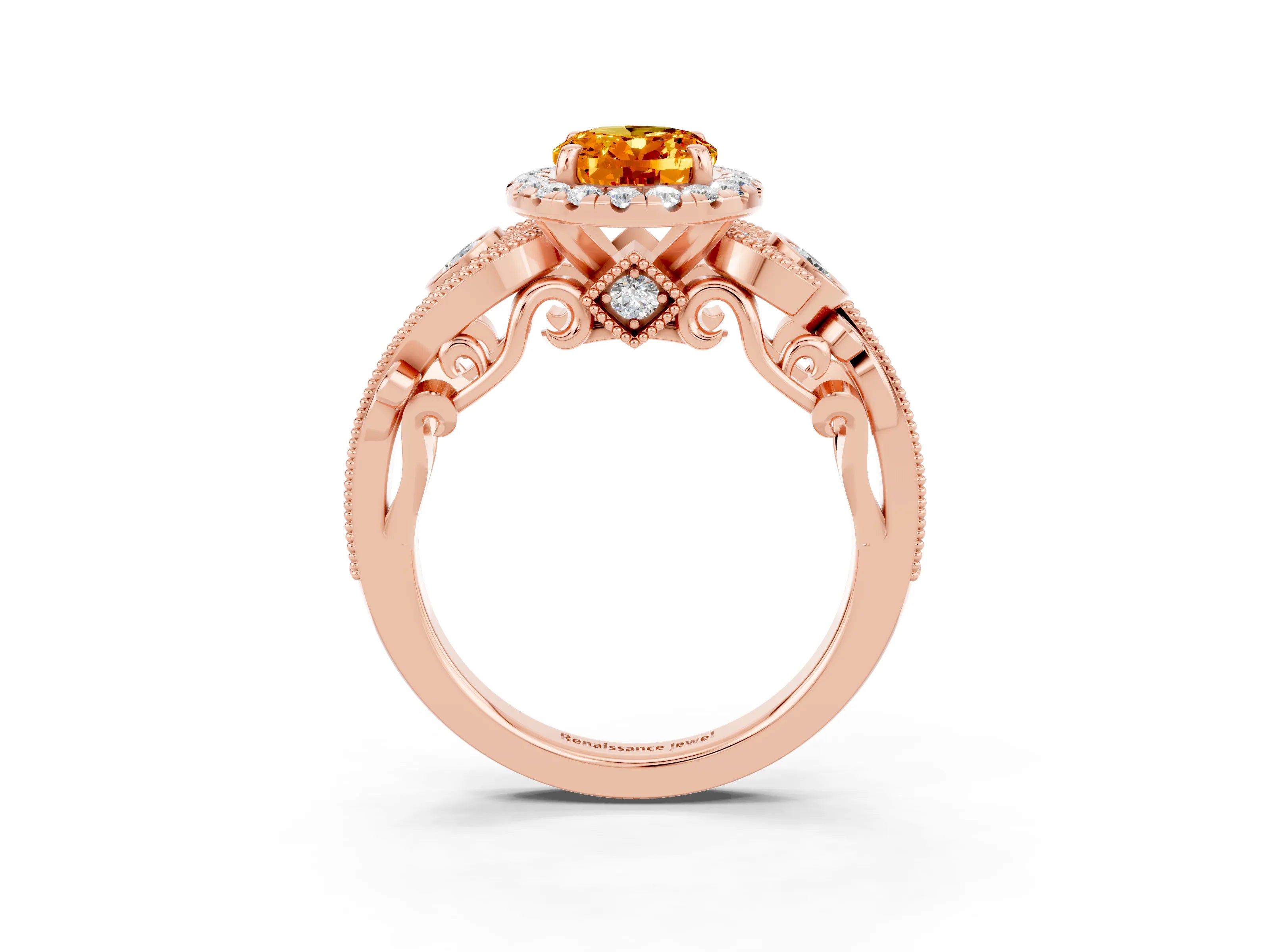 Rose gold Oval Cut Citrine Halo Ring with Milgrain Pavé Band and Four-Prong Setting_15