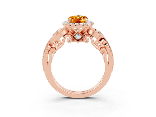 Rose gold Oval Cut Citrine Halo Ring with Milgrain Pavé Band and Four-Prong Setting