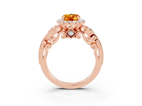 Rose gold Oval Cut Citrine Halo Ring with Milgrain Pavé Band and Four-Prong Setting_15