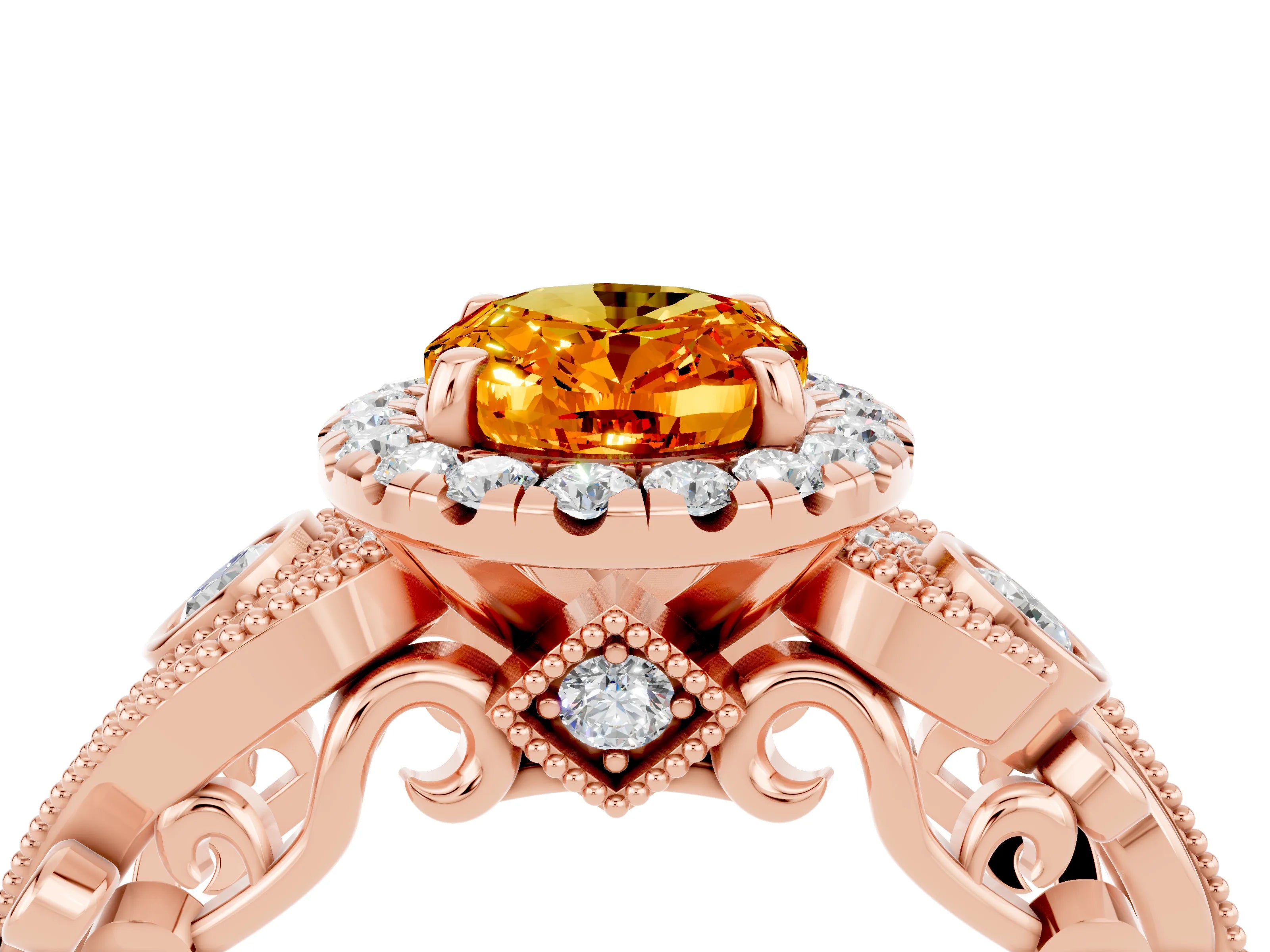 Rose gold Oval Cut Citrine Halo Ring with Milgrain Pavé Band and Four-Prong Setting_16