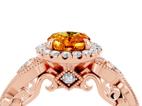 Rose gold Oval Cut Citrine Halo Ring with Milgrain Pavé Band and Four-Prong Setting_16