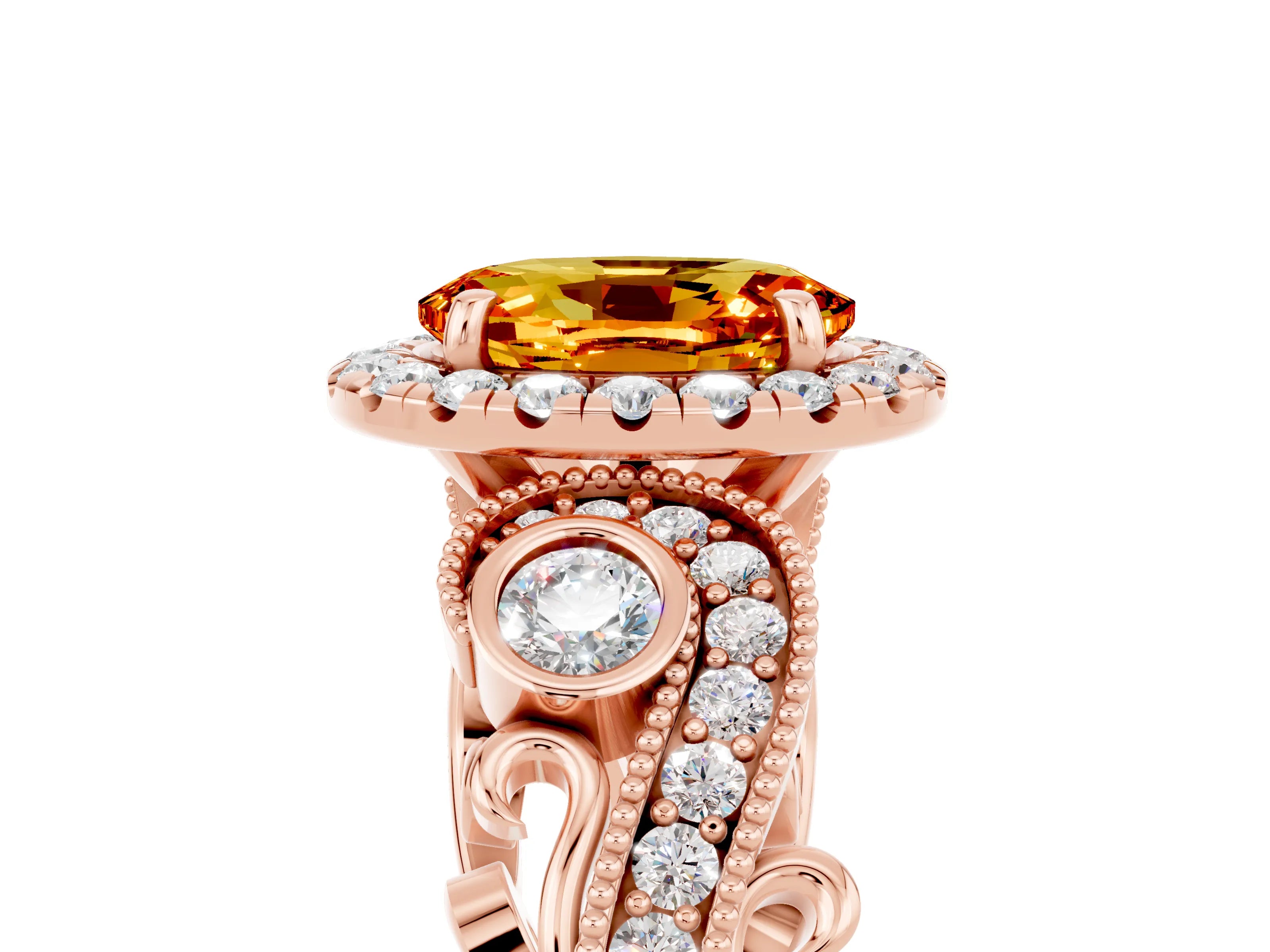 Rose gold Oval Cut Citrine Halo Ring with Milgrain Pavé Band and Four-Prong Setting_17