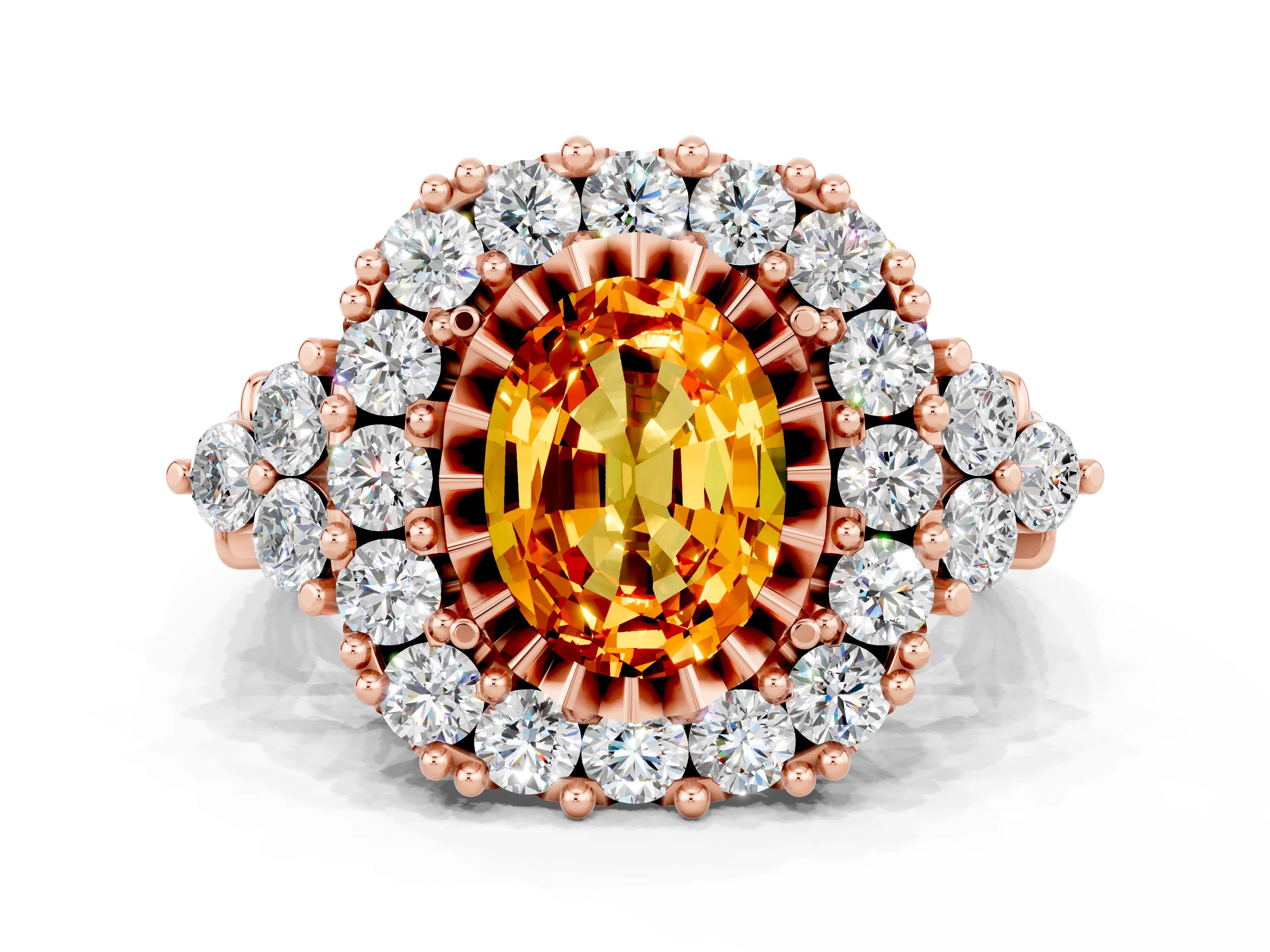 Rose gold Oval Cut Citrine Halo Ring with Pavé Band and Four-Prong Setting_12