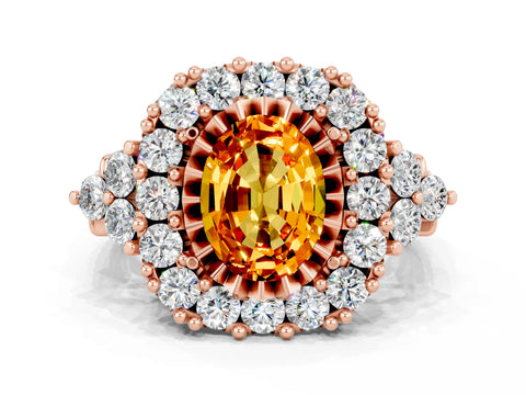 Rose gold Oval Cut Citrine Halo Ring with Pavé Band and Four-Prong Setting_12