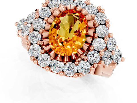 Rose gold Oval Cut Citrine Halo Ring with Pavé Band and Four-Prong Setting_13