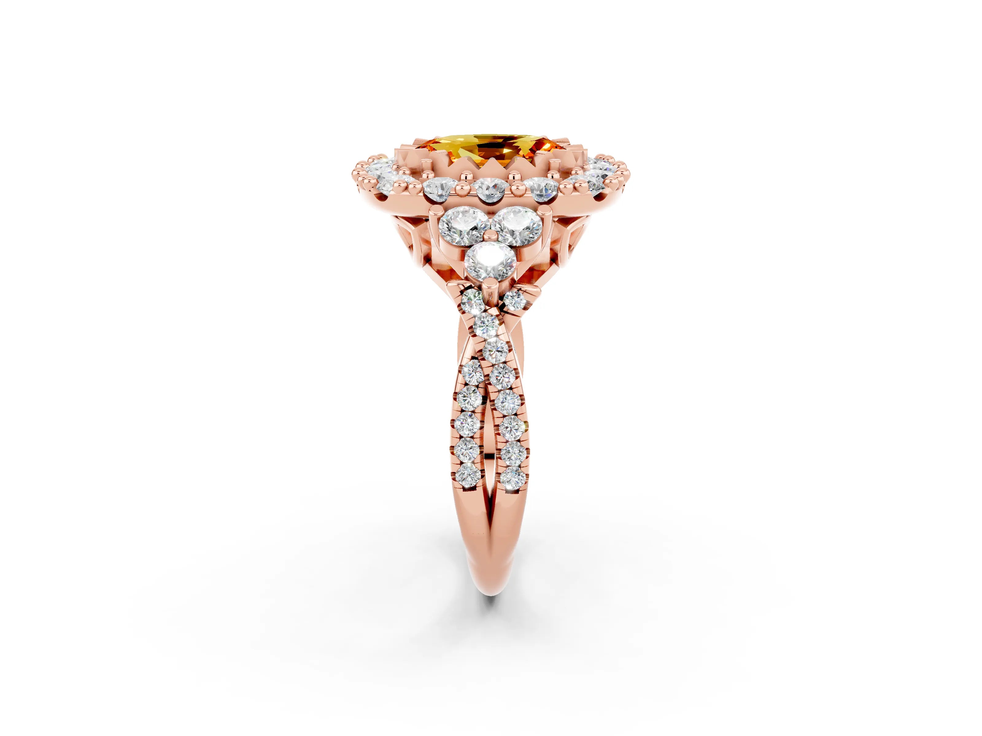 Rose gold Oval Cut Citrine Halo Ring with Pavé Band and Four-Prong Setting_14