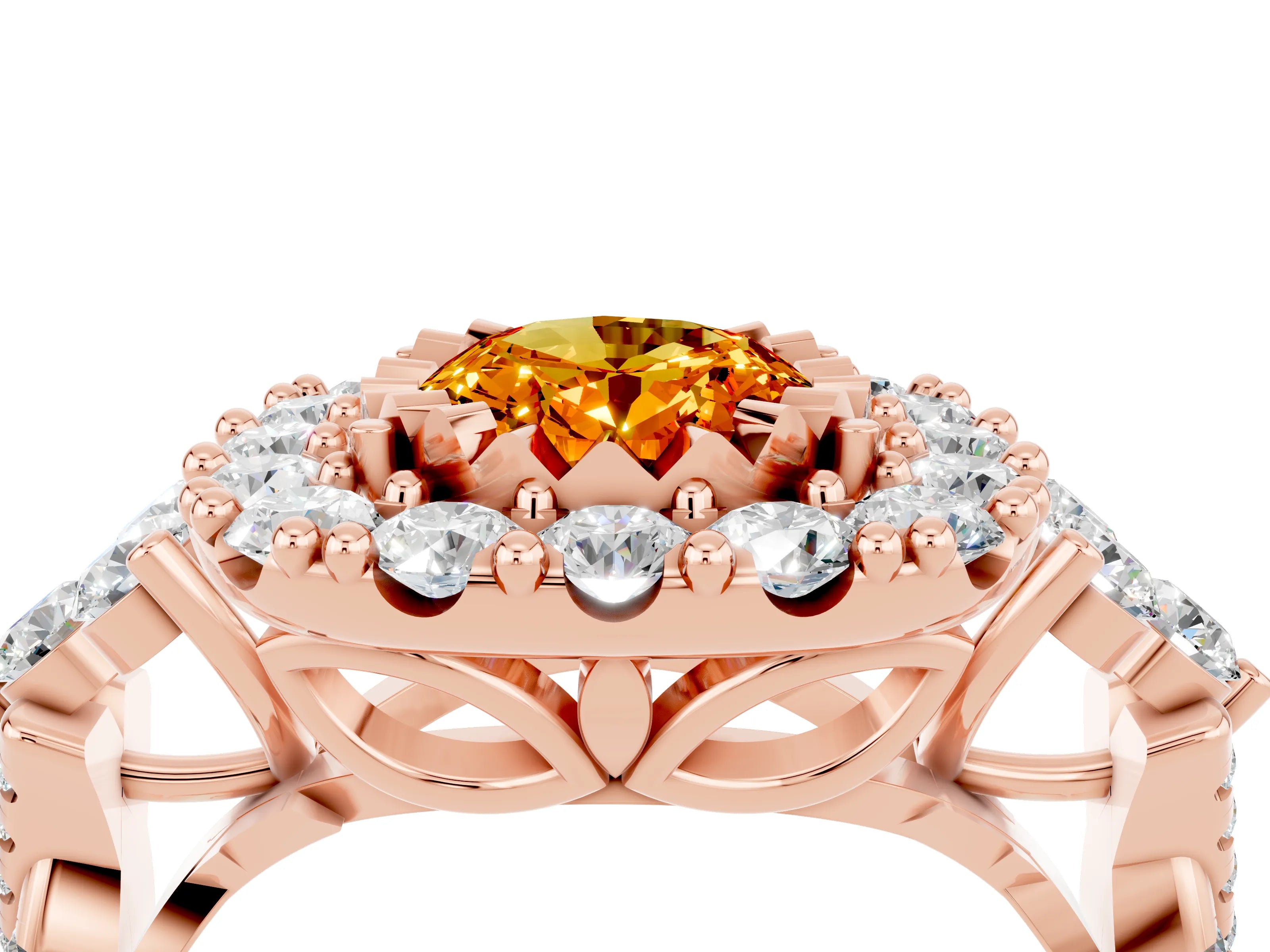 Rose gold Oval Cut Citrine Halo Ring with Pavé Band and Four-Prong Setting_16