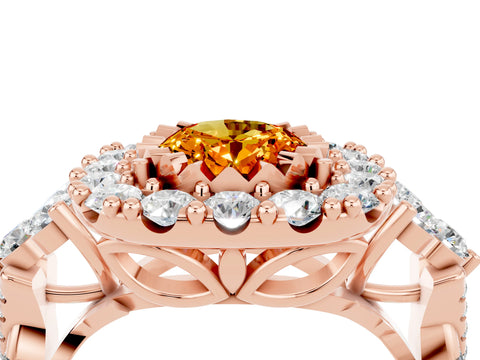 Rose gold Oval Cut Citrine Halo Ring with Pavé Band and Four-Prong Setting_16