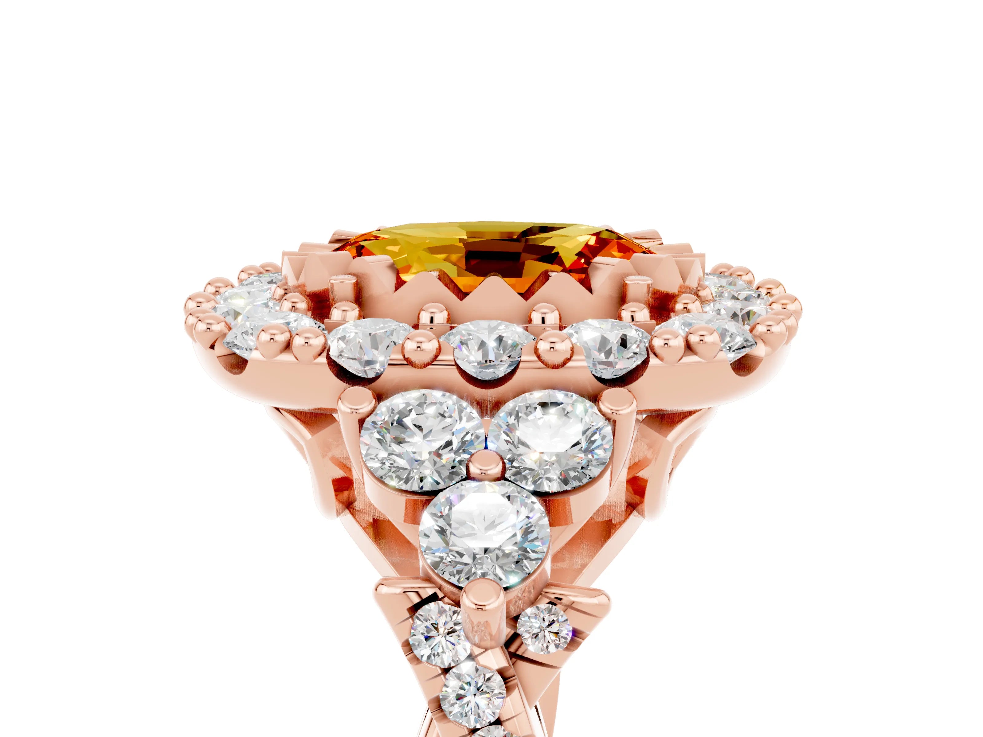 Rose gold Oval Cut Citrine Halo Ring with Pavé Band and Four-Prong Setting_17