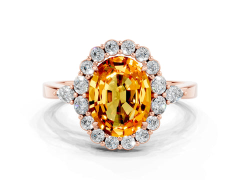 Rose gold Oval Cut Citrine Halo Ring with Pear Side Stones and Prong Setting_12
