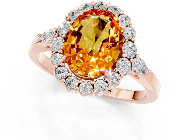 Rose gold Oval Cut Citrine Halo Ring with Pear Side Stones and Prong Setting