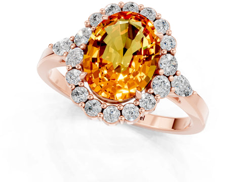 Rose gold Oval Cut Citrine Halo Ring with Pear Side Stones and Prong Setting_13