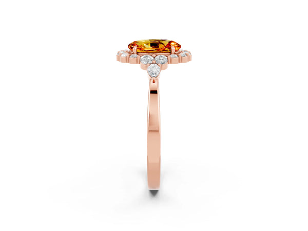 Rose gold Oval Cut Citrine Halo Ring with Pear Side Stones and Prong Setting