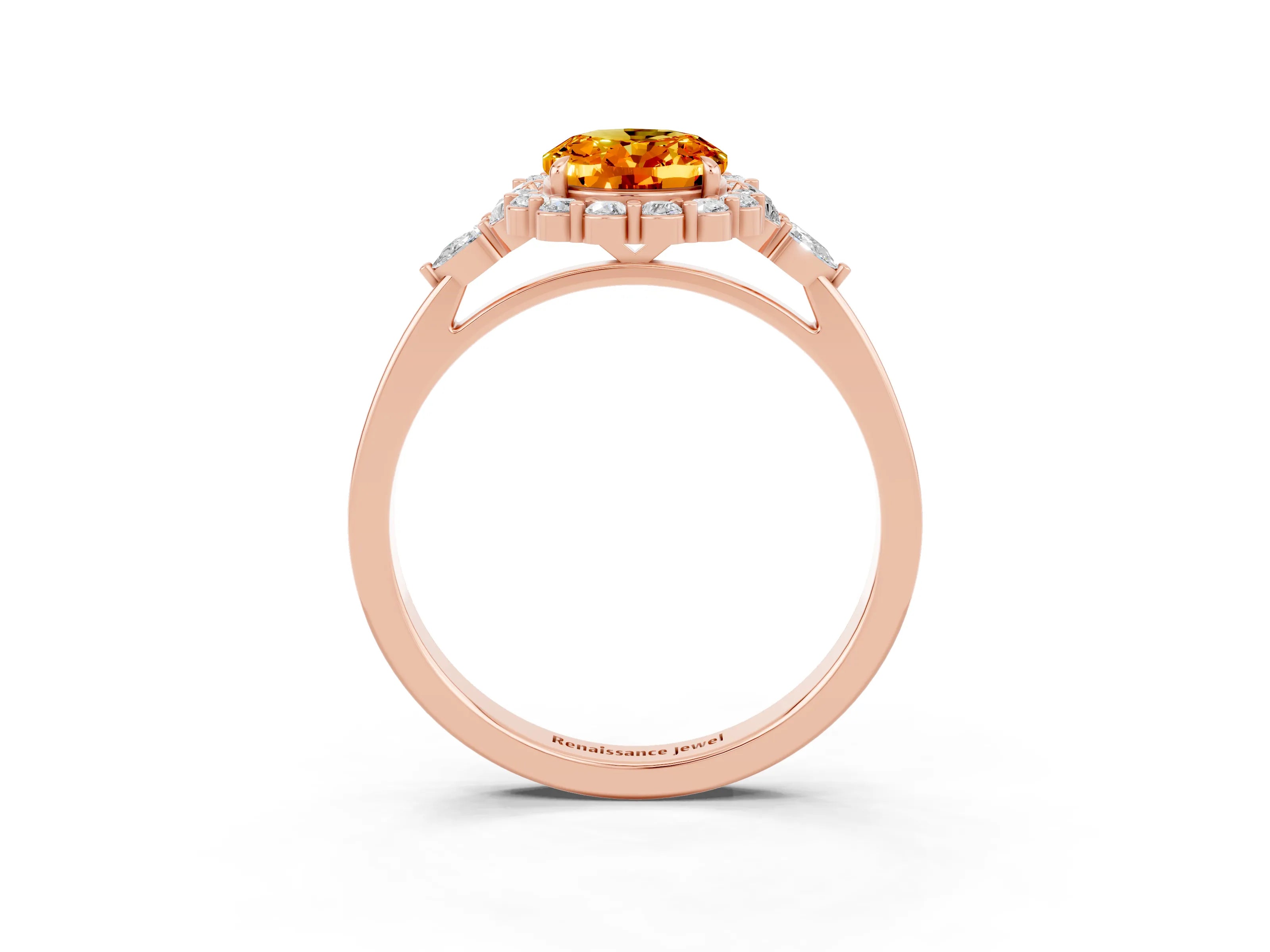 Rose gold Oval Cut Citrine Halo Ring with Pear Side Stones and Prong Setting_15