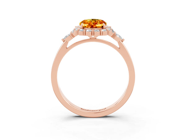 Rose gold Oval Cut Citrine Halo Ring with Pear Side Stones and Prong Setting