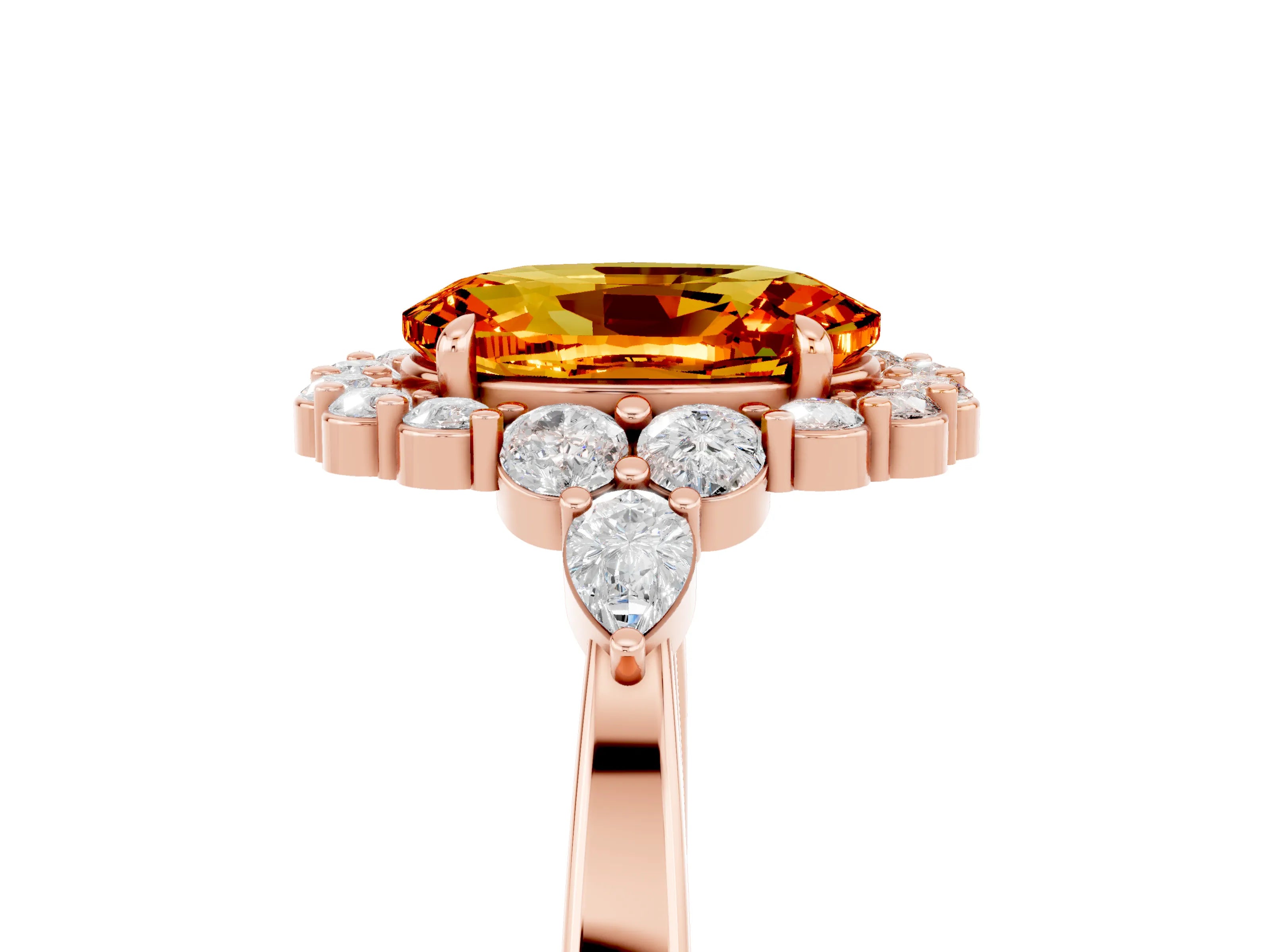 Rose gold Oval Cut Citrine Halo Ring with Pear Side Stones and Prong Setting_17