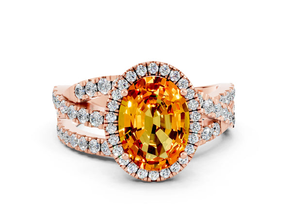 Rose gold Oval Cut Citrine Halo Ring with Round Split Shank and Prong Setting