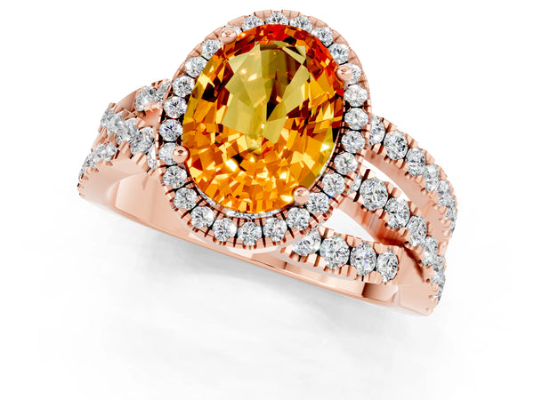 Rose gold Oval Cut Citrine Halo Ring with Round Split Shank and Prong Setting