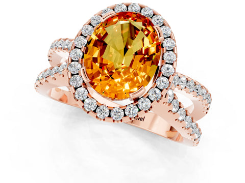 Rose gold Oval Cut Citrine Halo Ring with Split Shank Pavé Band and Prong Setting_1