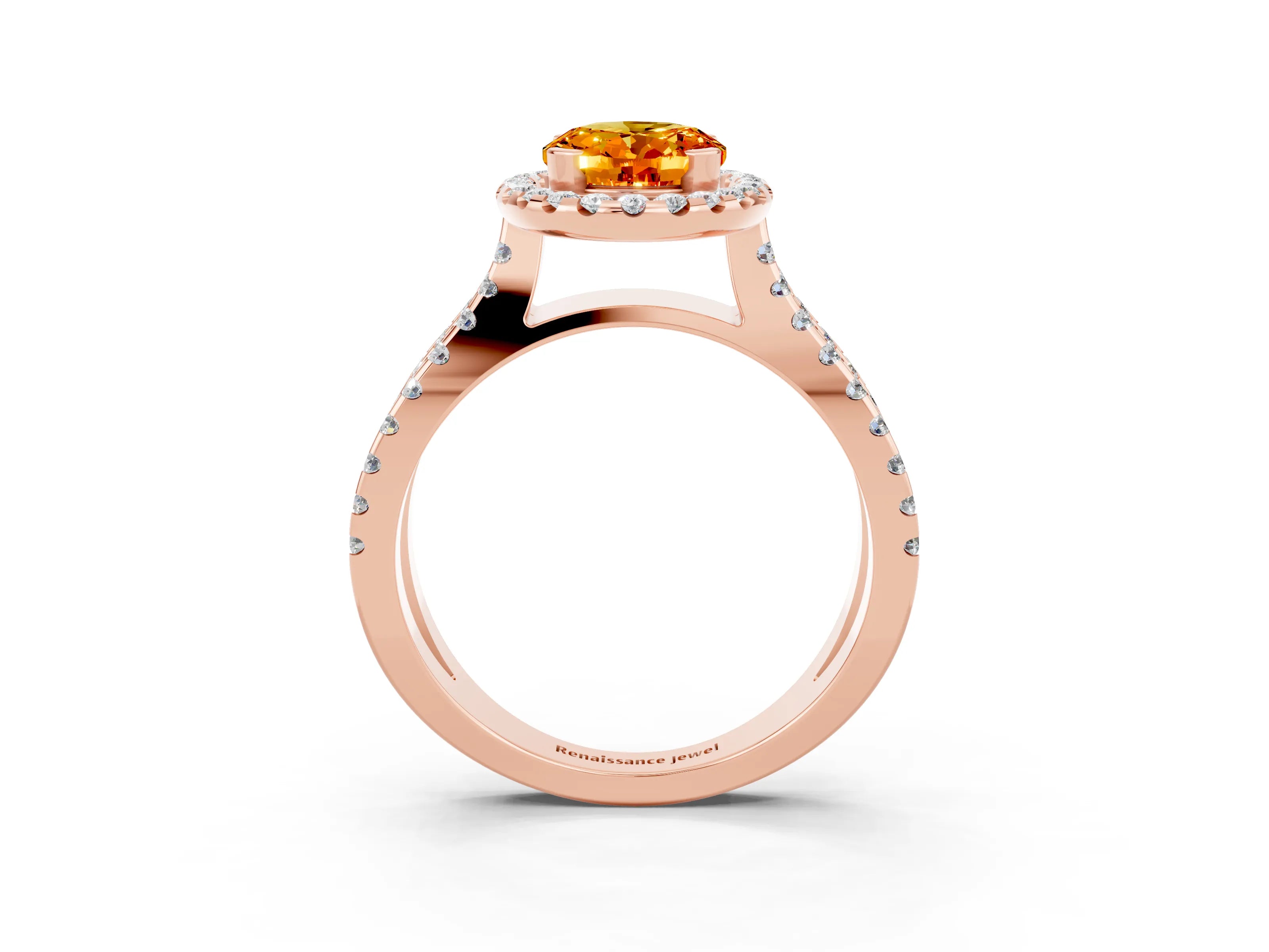 Rose gold Oval Cut Citrine Halo Ring with Split Shank Pavé Band and Prong Setting_3