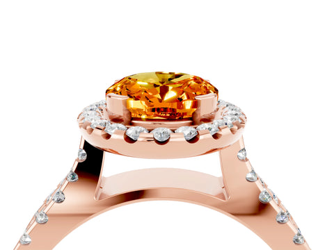 Rose gold Oval Cut Citrine Halo Ring with Split Shank Pavé Band and Prong Setting_4