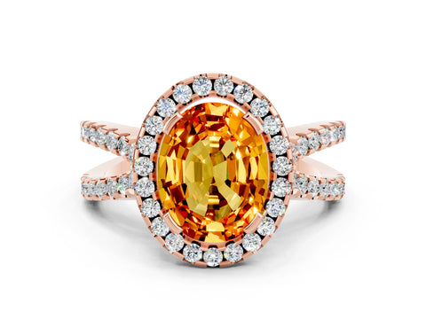 Rose gold Oval Cut Citrine Halo Ring with Split Shank Pavé Band and Prong Setting