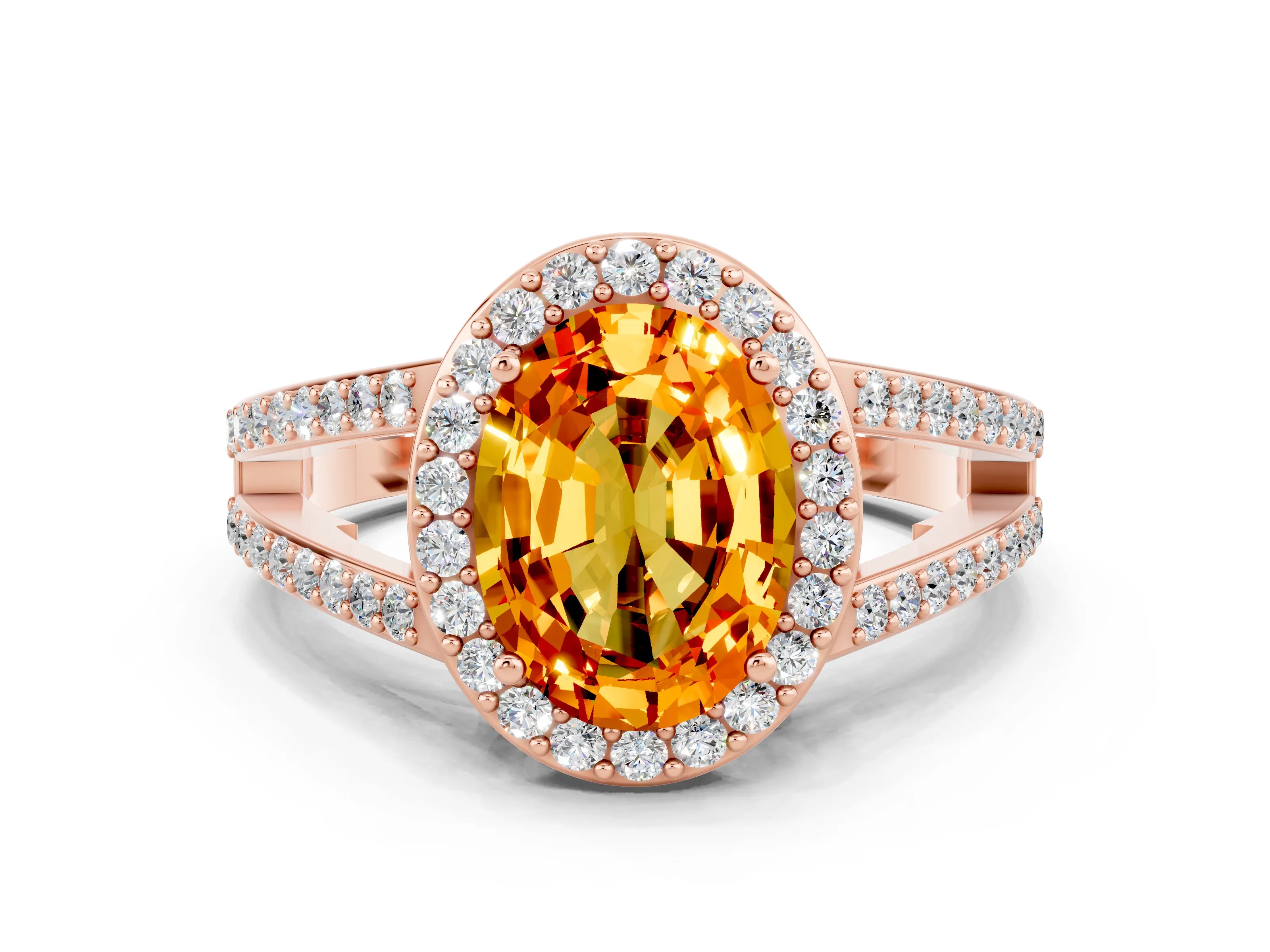 Rose gold Oval Cut Citrine Halo Ring with Split Shank U-Prong Band and Four-Prong Setting