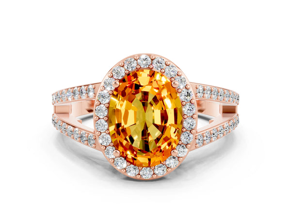 Rose gold Oval Cut Citrine Halo Ring with Split Shank U-Prong Band and Four-Prong Setting