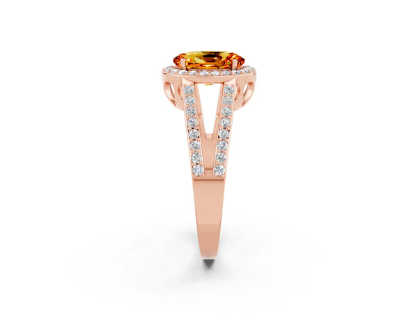 Rose gold Oval Cut Citrine Halo Ring with Split Shank U-Prong Band and Four-Prong Setting