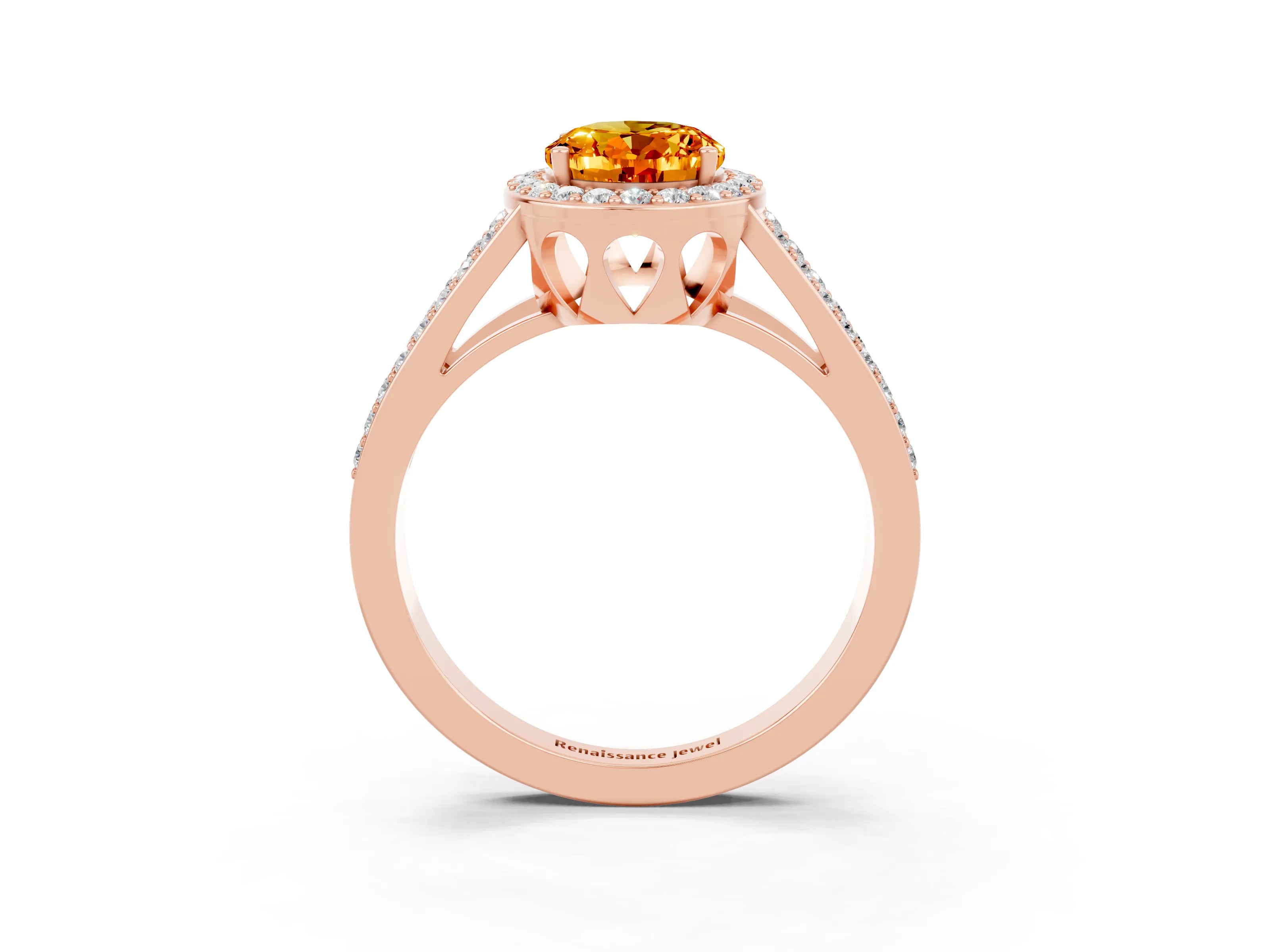 Rose gold Oval Cut Citrine Halo Ring with Split Shank U-Prong Band and Four-Prong Setting_3