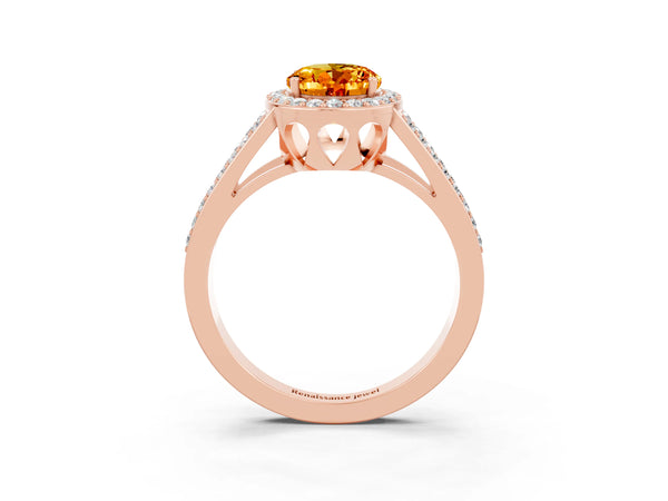 Rose gold Oval Cut Citrine Halo Ring with Split Shank U-Prong Band and Four-Prong Setting