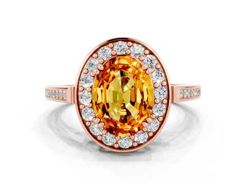 Rose gold Oval Cut Citrine Halo Ring with Split Shank and Four-Prong Setting