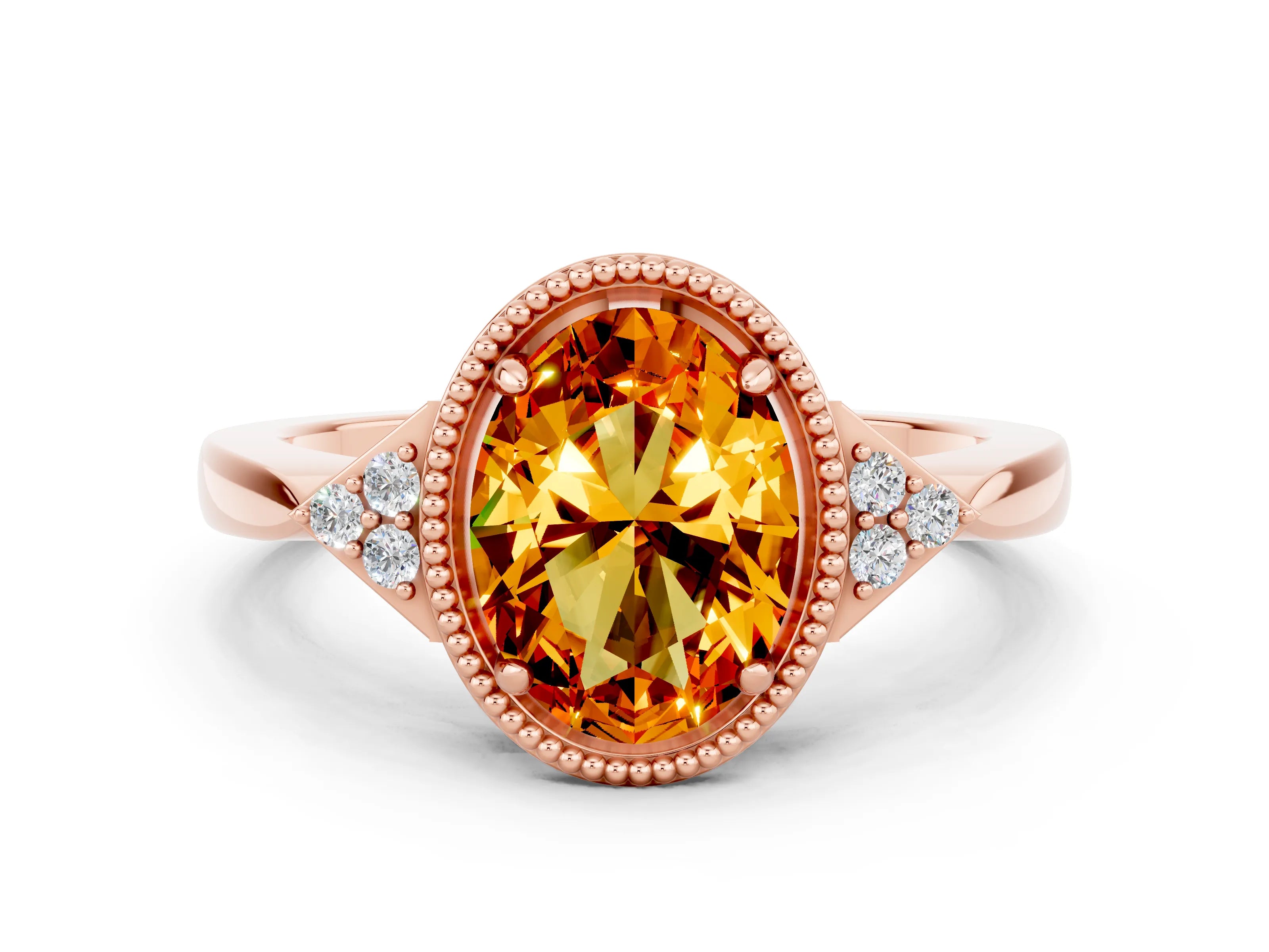Rose gold Oval Cut Citrine Halo Ring with Tapered Band and Four-Prong Setting