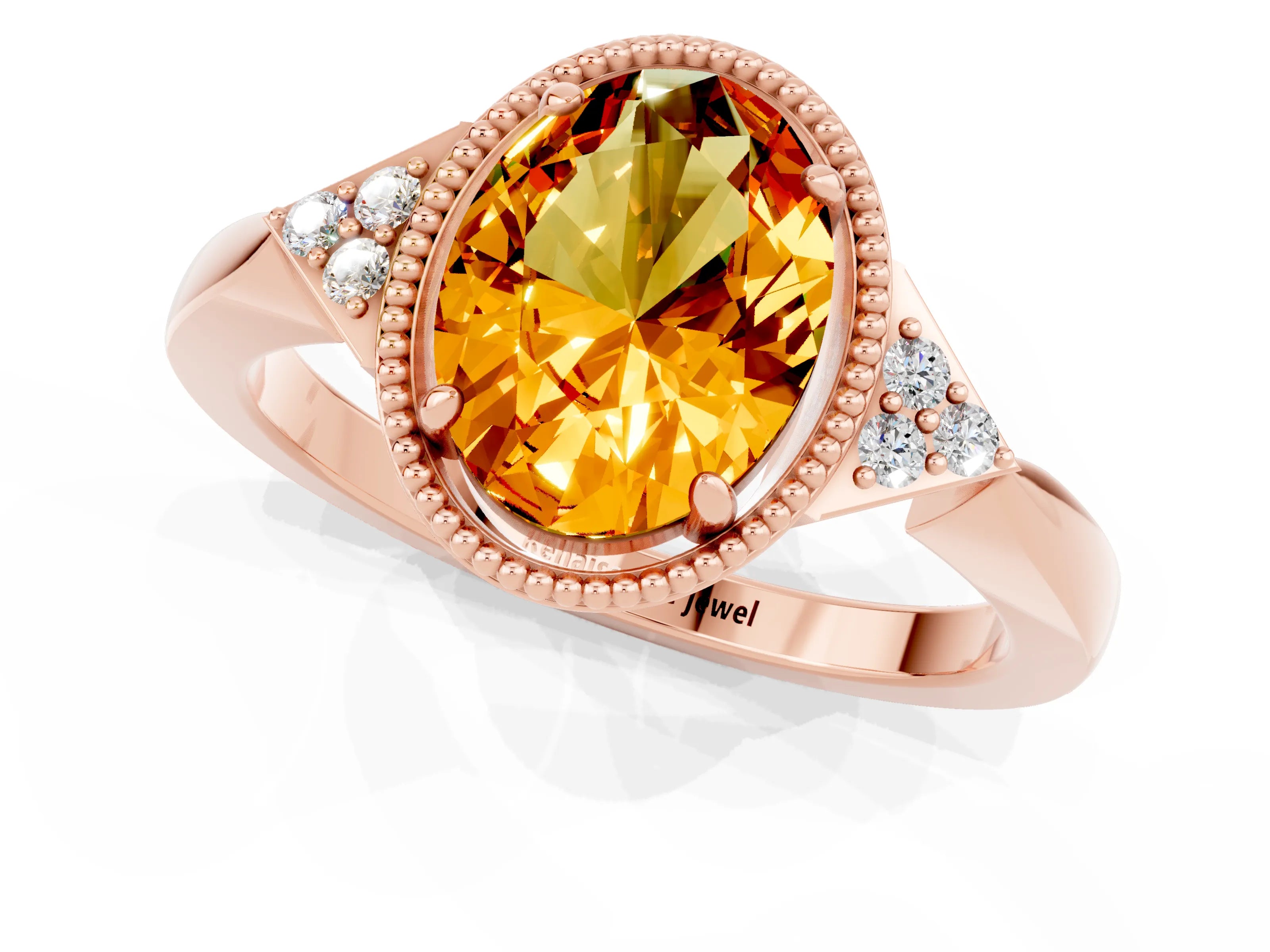 Rose gold Oval Cut Citrine Halo Ring with Tapered Band and Four-Prong Setting_1