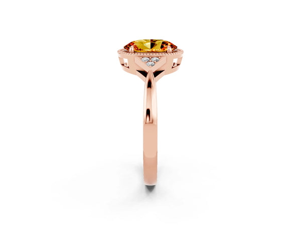 Rose gold Oval Cut Citrine Halo Ring with Tapered Band and Four-Prong Setting