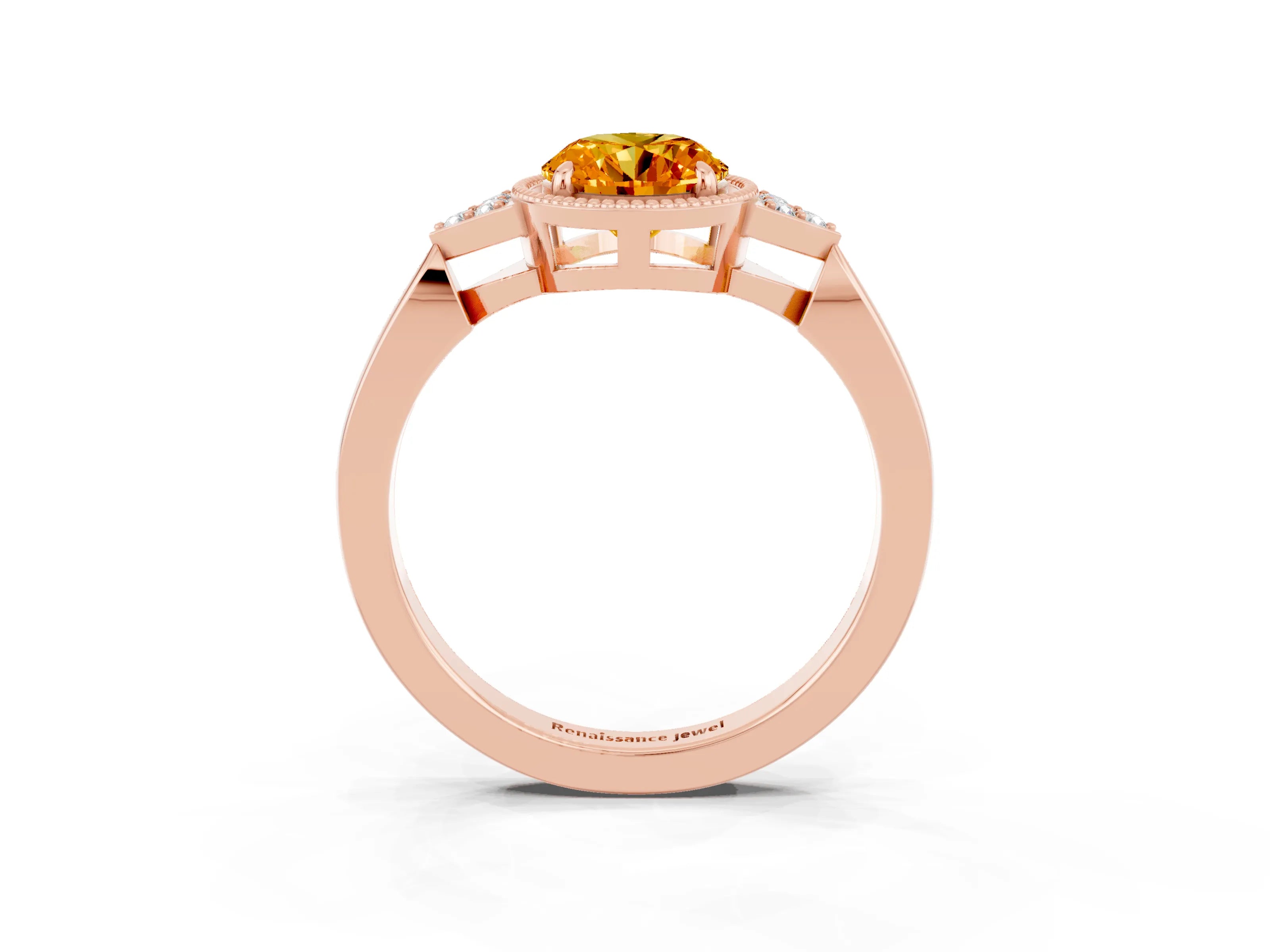 Rose gold Oval Cut Citrine Halo Ring with Tapered Band and Four-Prong Setting_3