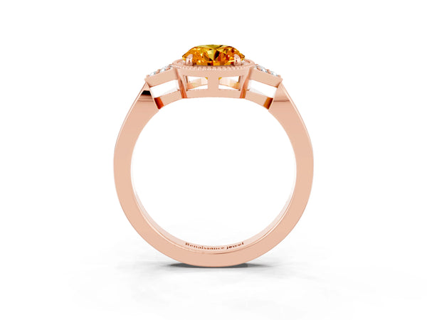 Rose gold Oval Cut Citrine Halo Ring with Tapered Band and Four-Prong Setting