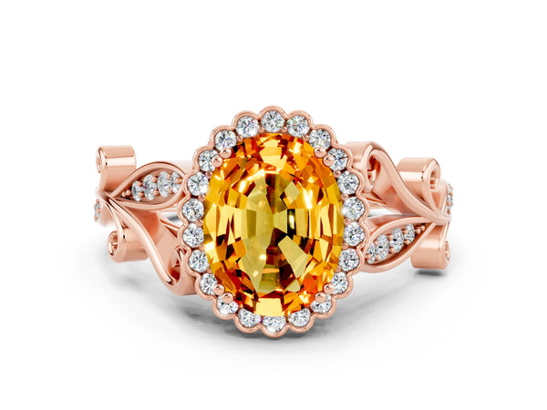 Rose gold Oval Cut Citrine Halo Ring with Vintage Split Shank and Four-Prong Setting