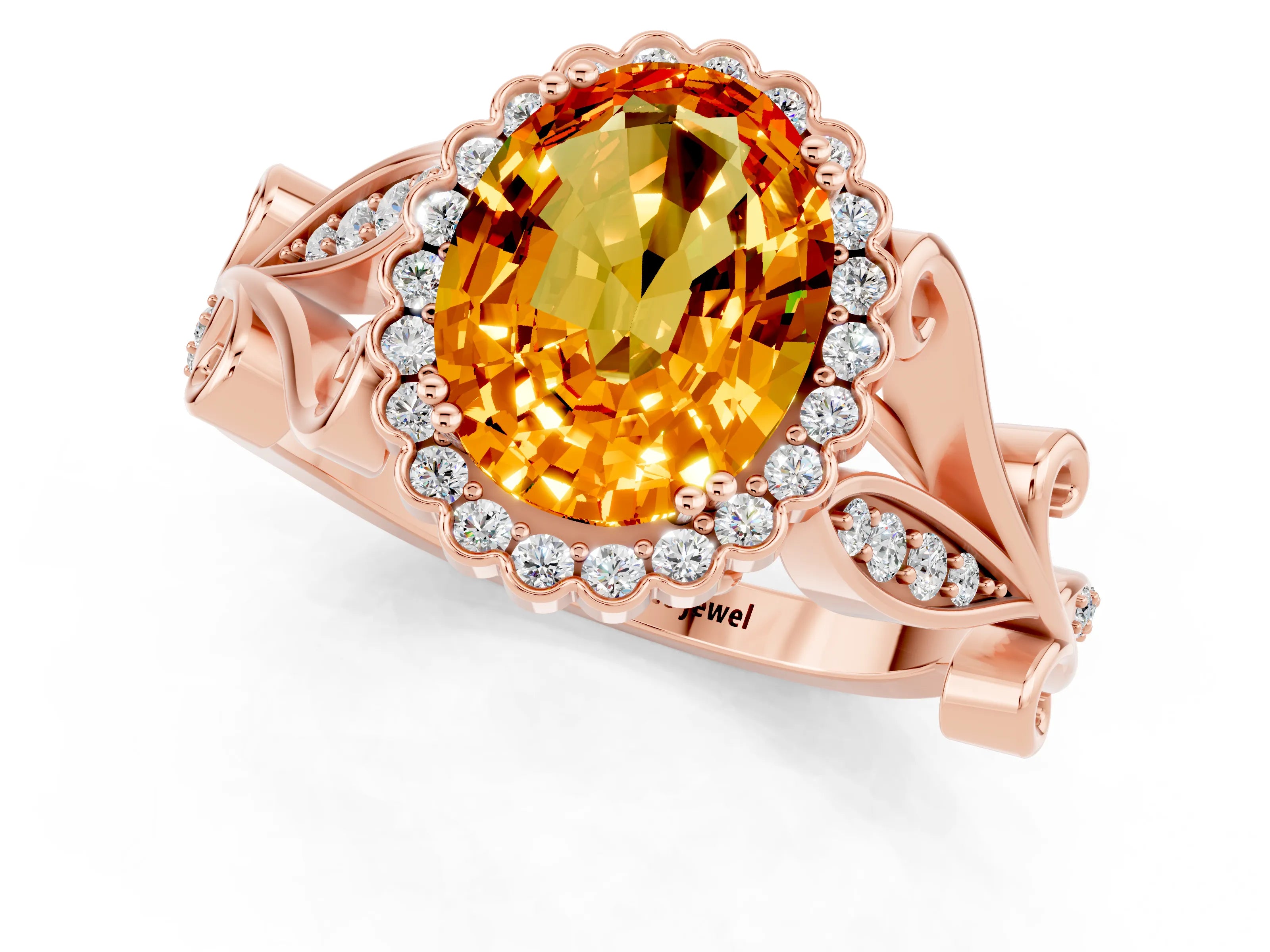 Rose gold Oval Cut Citrine Halo Ring with Vintage Split Shank and Four-Prong Setting_1