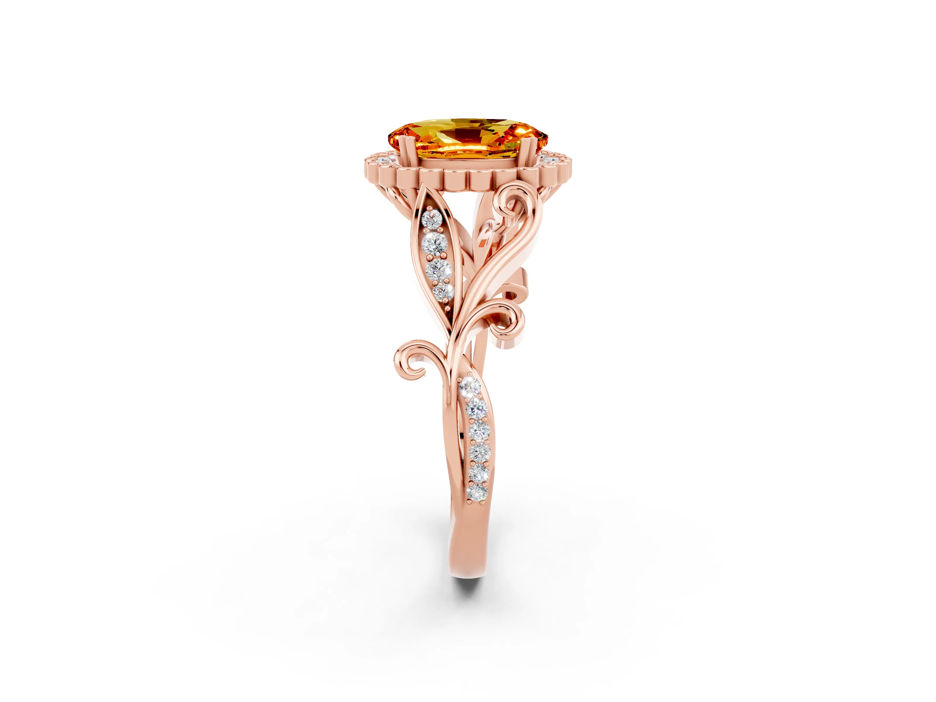 Rose gold Oval Cut Citrine Halo Ring with Vintage Split Shank and Four-Prong Setting_2