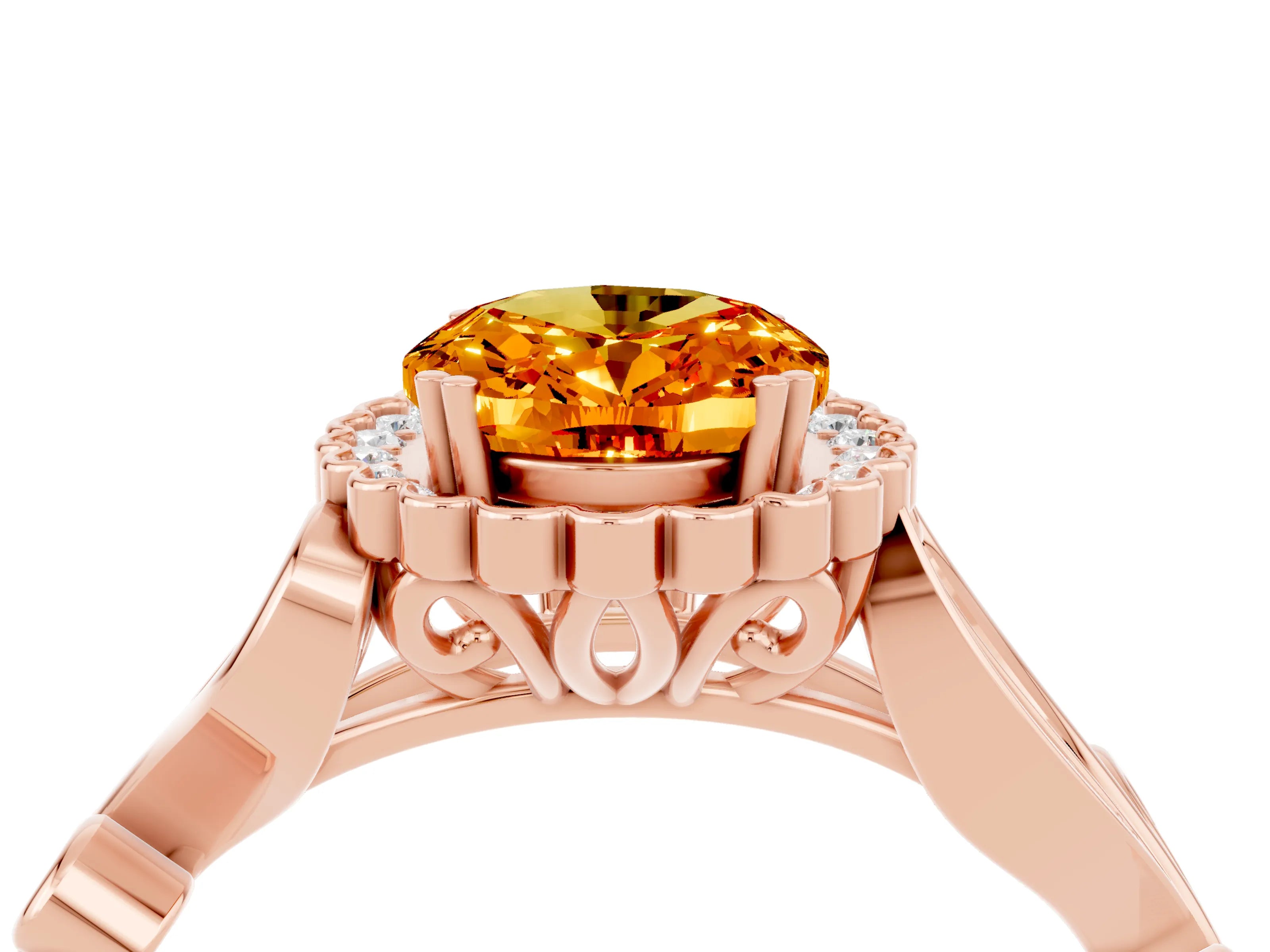 Rose gold Oval Cut Citrine Halo Ring with Vintage Split Shank and Four-Prong Setting_4