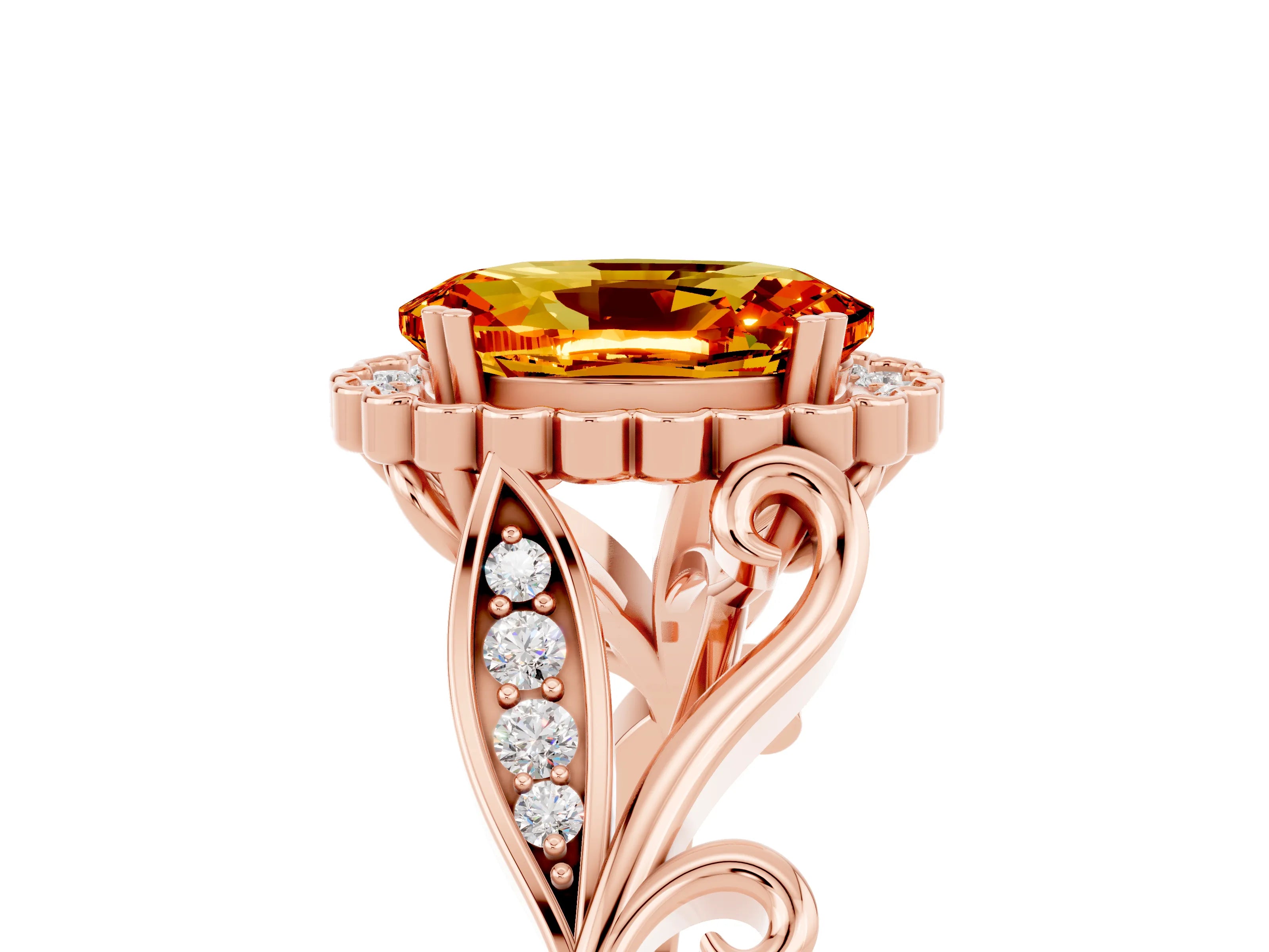 Rose gold Oval Cut Citrine Halo Ring with Vintage Split Shank and Four-Prong Setting_5