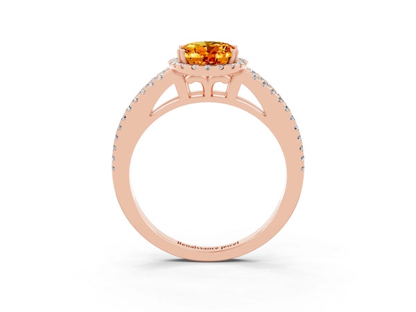 Rose gold Oval Cut Citrine Halo Split Shank Engagement Ring
