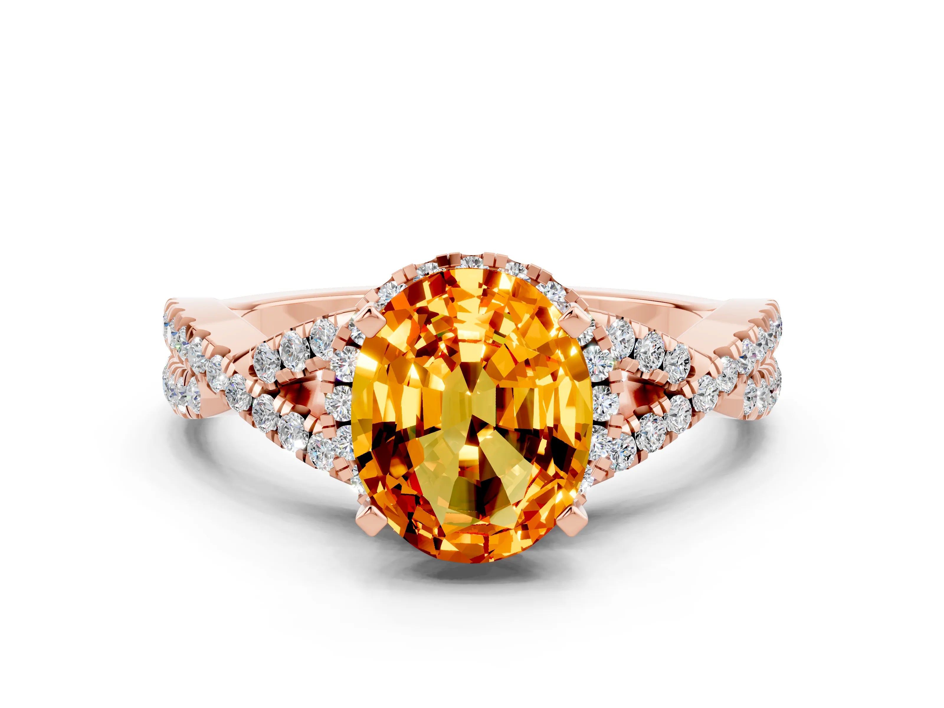 Rose gold Oval Cut Citrine Halo Twist Band Solitaire Prong Setting Ring
