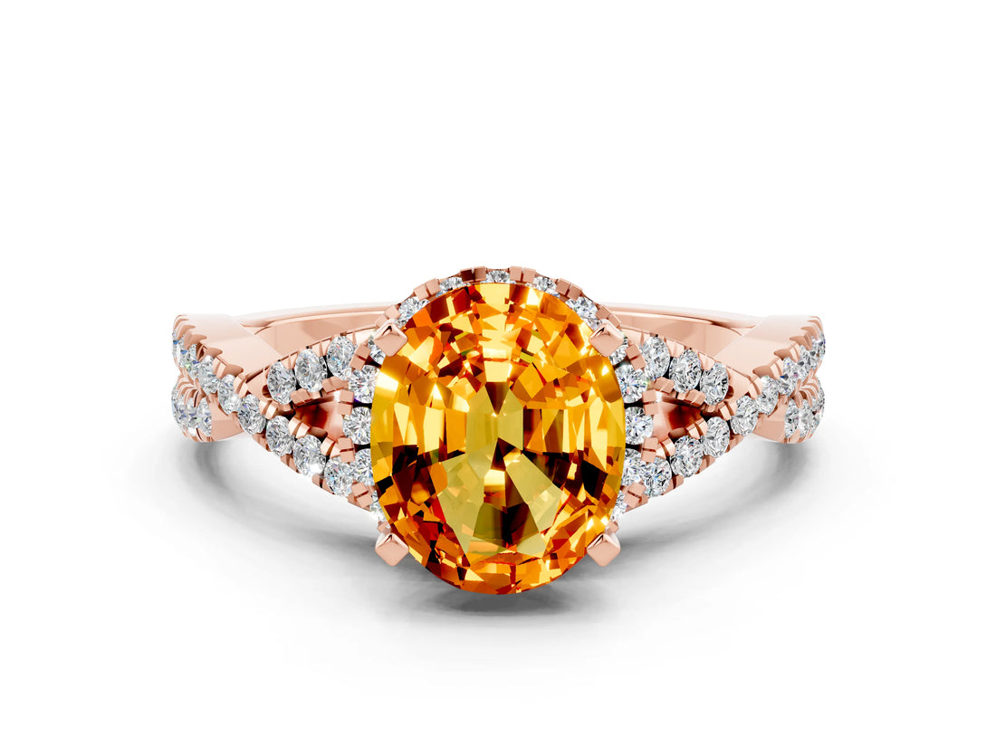 Rose gold Oval Cut Citrine Halo Twist Band Solitaire Prong Setting Ring