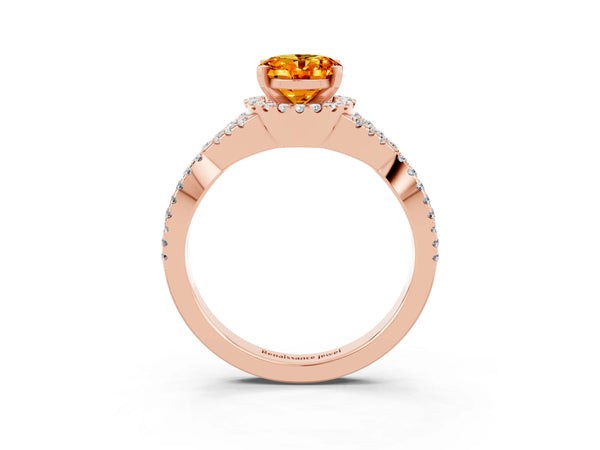 Rose gold Oval Cut Citrine  Halo Twist Band Solitaire Prong Setting Ring