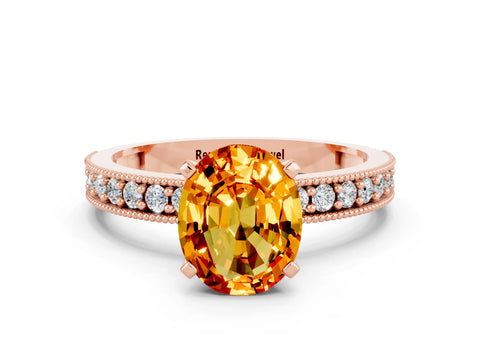 Rose gold Oval Cut Citrine Milgrain Pavé Engagement Ring with Four-Prong Setting_12